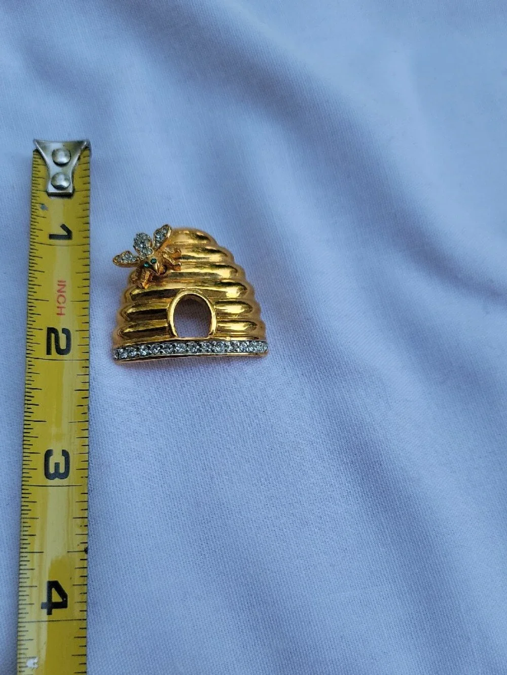 Vintage Joan Rivers Gold -Tone  Bee Hive Brooch with Clear and Green Accents